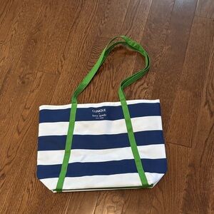 Kate Spade Navy & White Striped Bag with Green Handles. Other side is polka dots